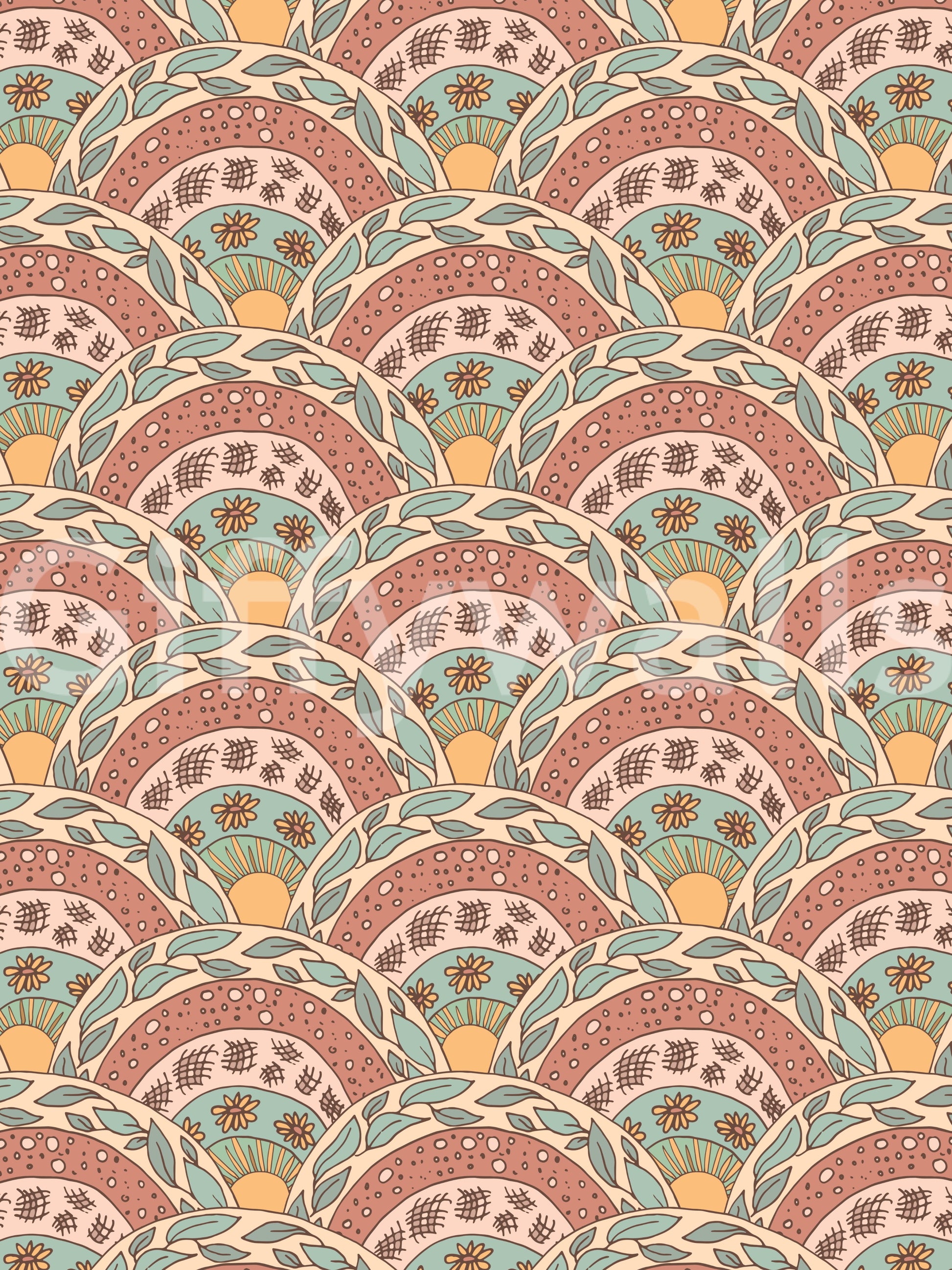 Zany Boho Sunburst Bloom Wall Mural, Nonchalant Contemporary Style.