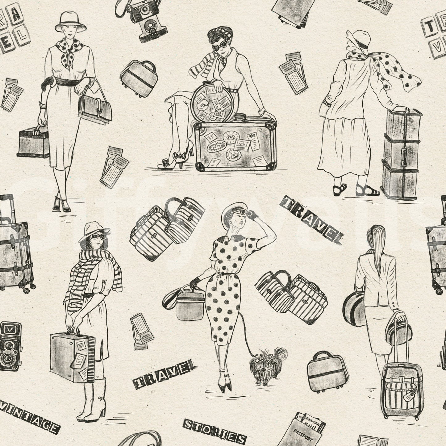Travel Sketch Wallpaper Quirky vintage scene, satchels, unusual pattern.