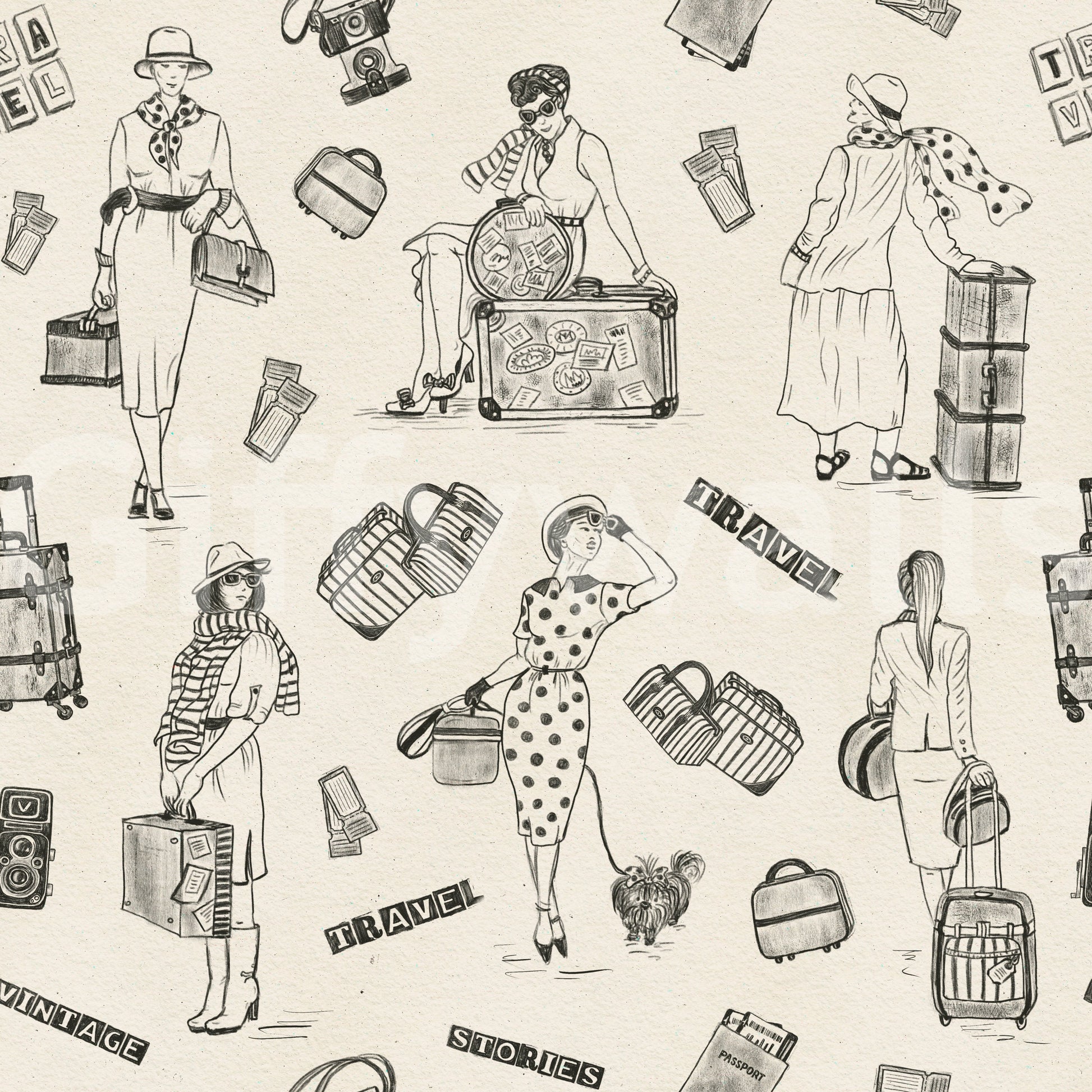 Travel Sketch Wallpaper Quirky vintage scene, satchels, unusual pattern.
