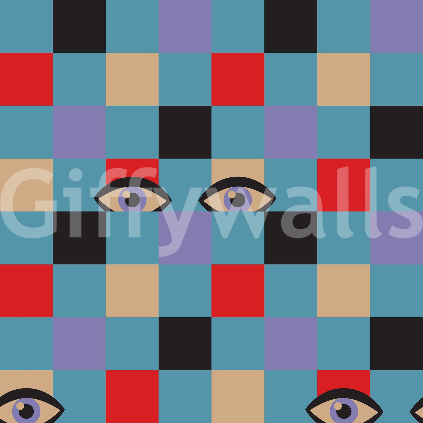 Vintage-inspired Peekaboo Retro Eyes Checkerboard Red Cream Purple wall art.
