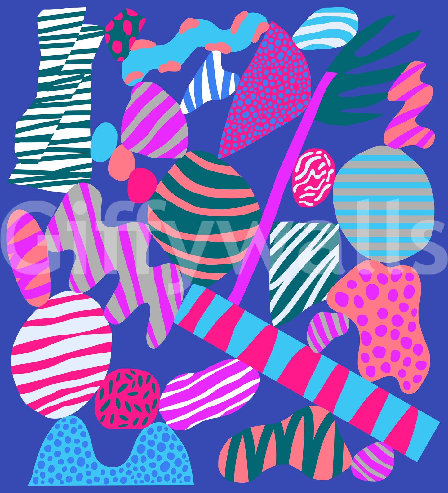 Whimsical Memphis style wall covering showcasing irregular spotted triangles and floating squiggles.