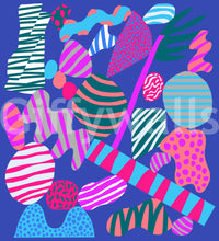 Whimsical Memphis style wall covering showcasing irregular spotted triangles and floating squiggles.