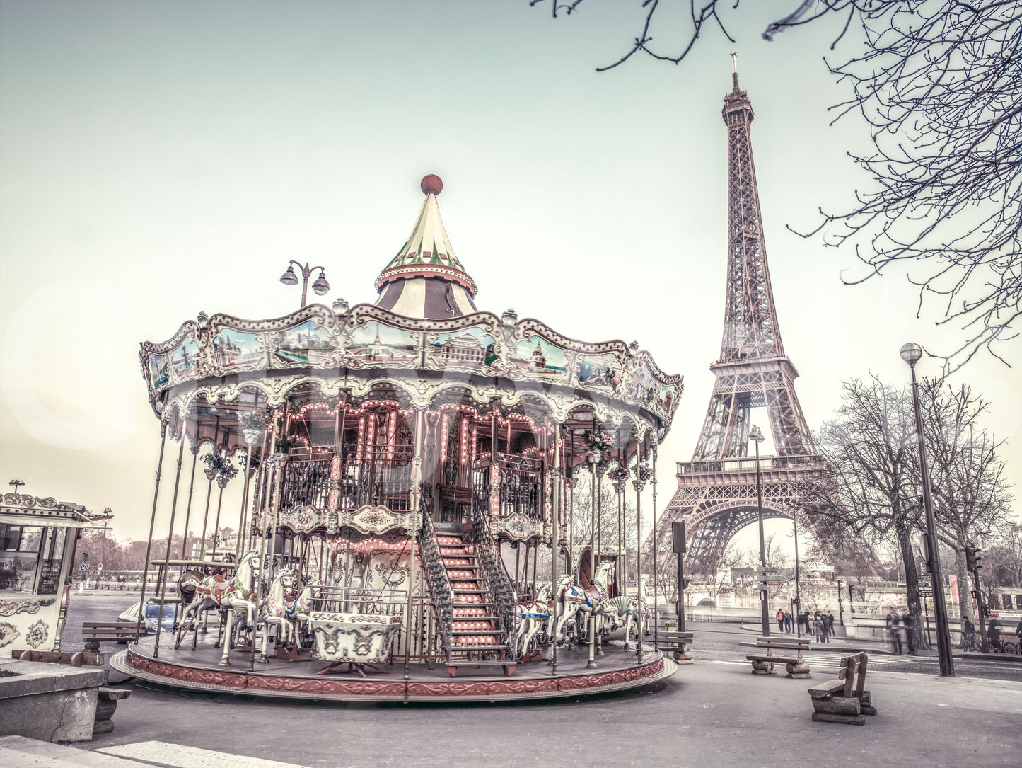Whimsical Parisian scene Carousel and the Eiffel tower unique wallpaper for walls.