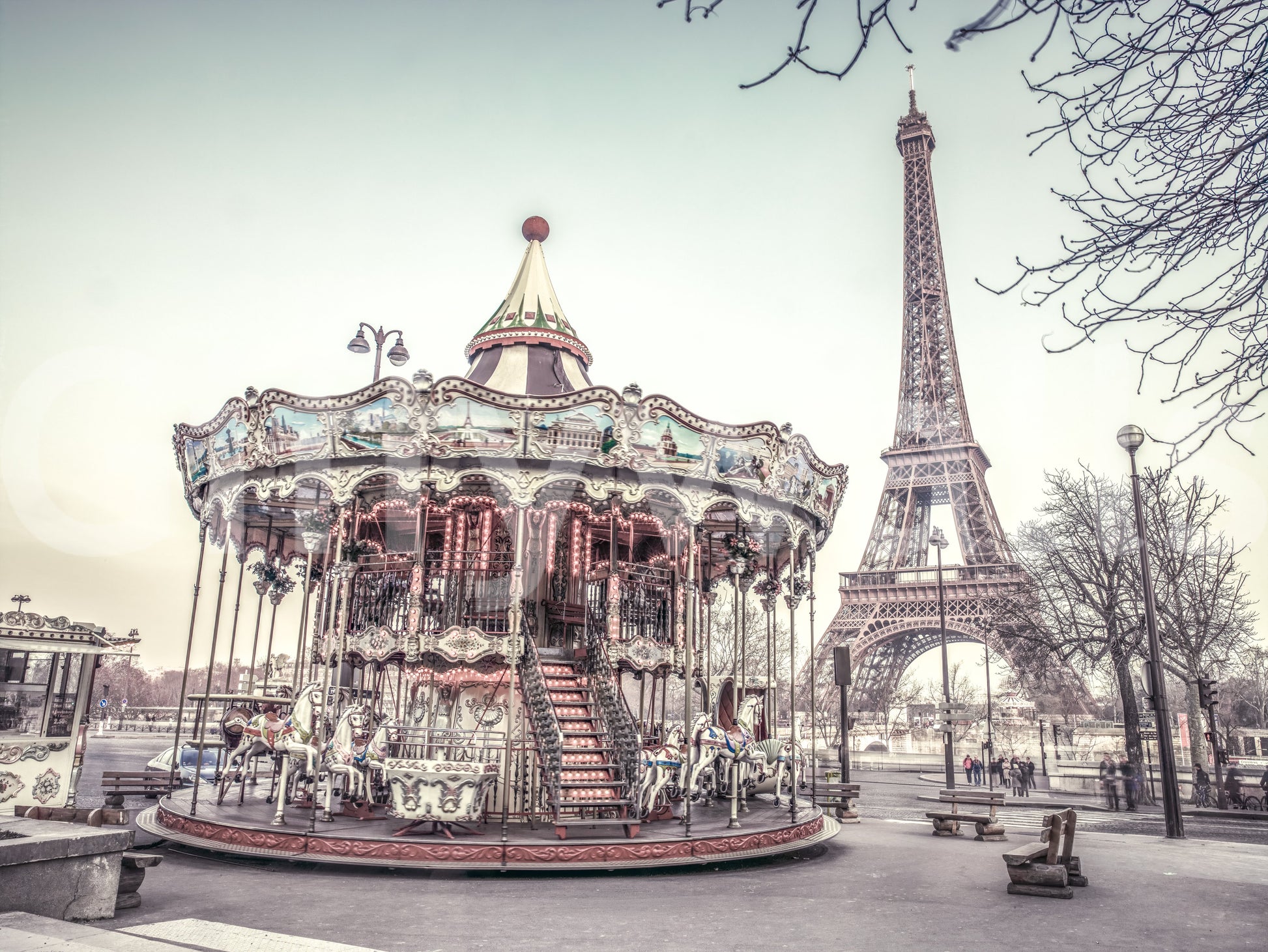 Whimsical Parisian scene Carousel and the Eiffel tower unique wallpaper for walls.