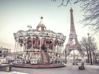 Whimsical Parisian scene Carousel and the Eiffel tower unique wallpaper for walls.
