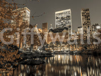 Metropolis night scene, captivating building wallpaper design, rich color mural.