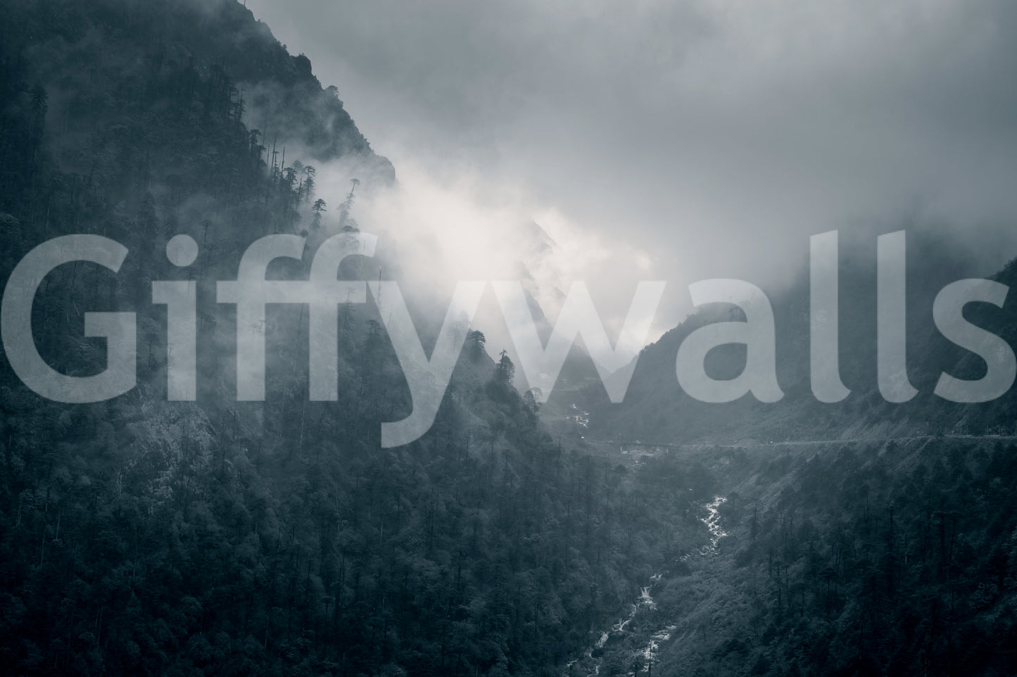 Towering slopes with pines wallpaper, capture the Misty Woodland Cascade feeling.