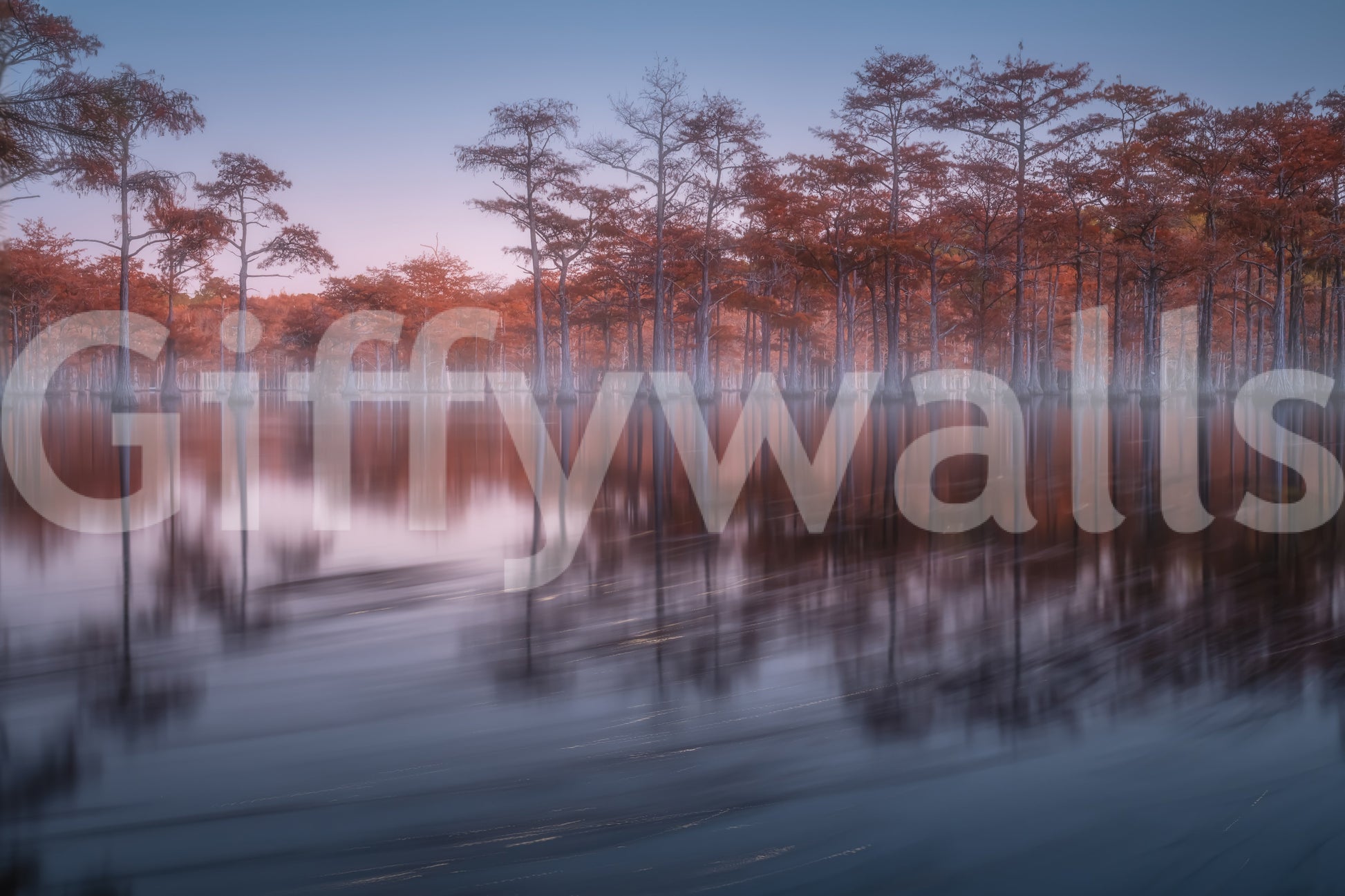 Elegant Twilight Lagoon wallpaper, mystical swamp forest, saturated autumn tones.