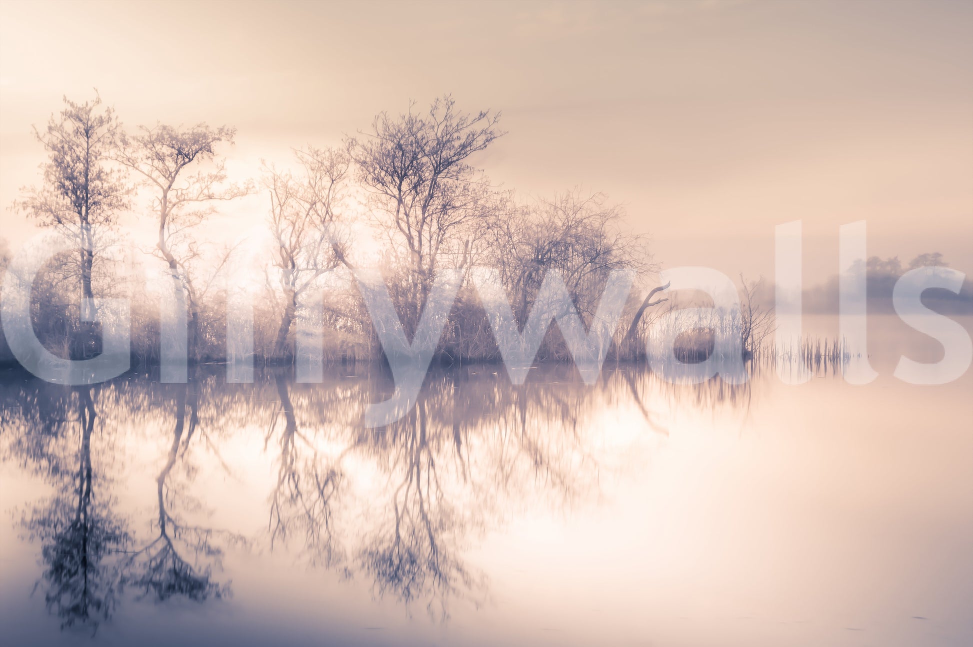 Hazy landscape decor mural, bringing Serene Reflections tranquility indoors.