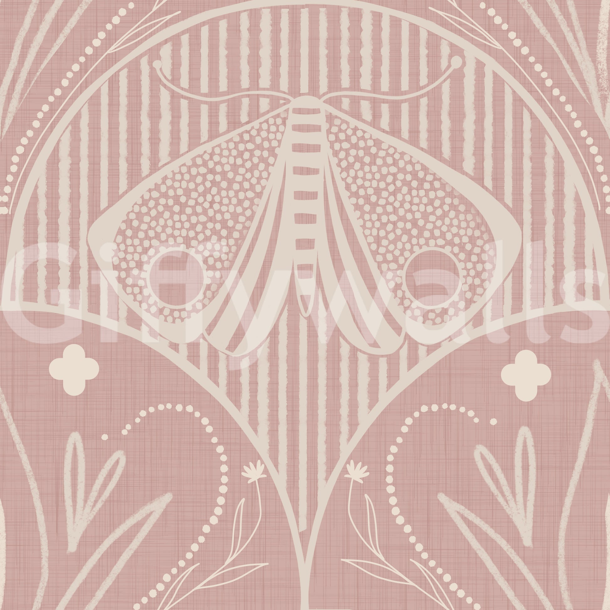 Boho Art Nouveau Scallop or Butterfly Floral subtle pink texture, cream moth design.
