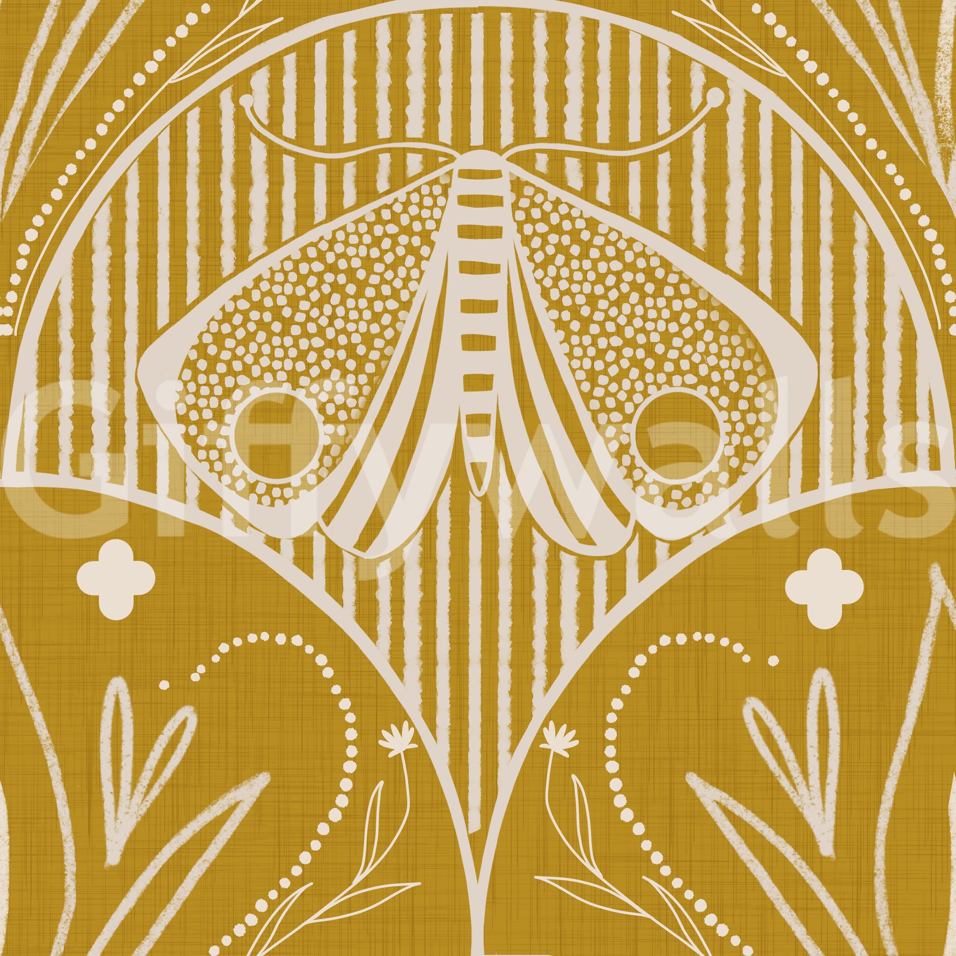 Artistic Butterfly Floral Art Nouveau ochre background wallpaper.
