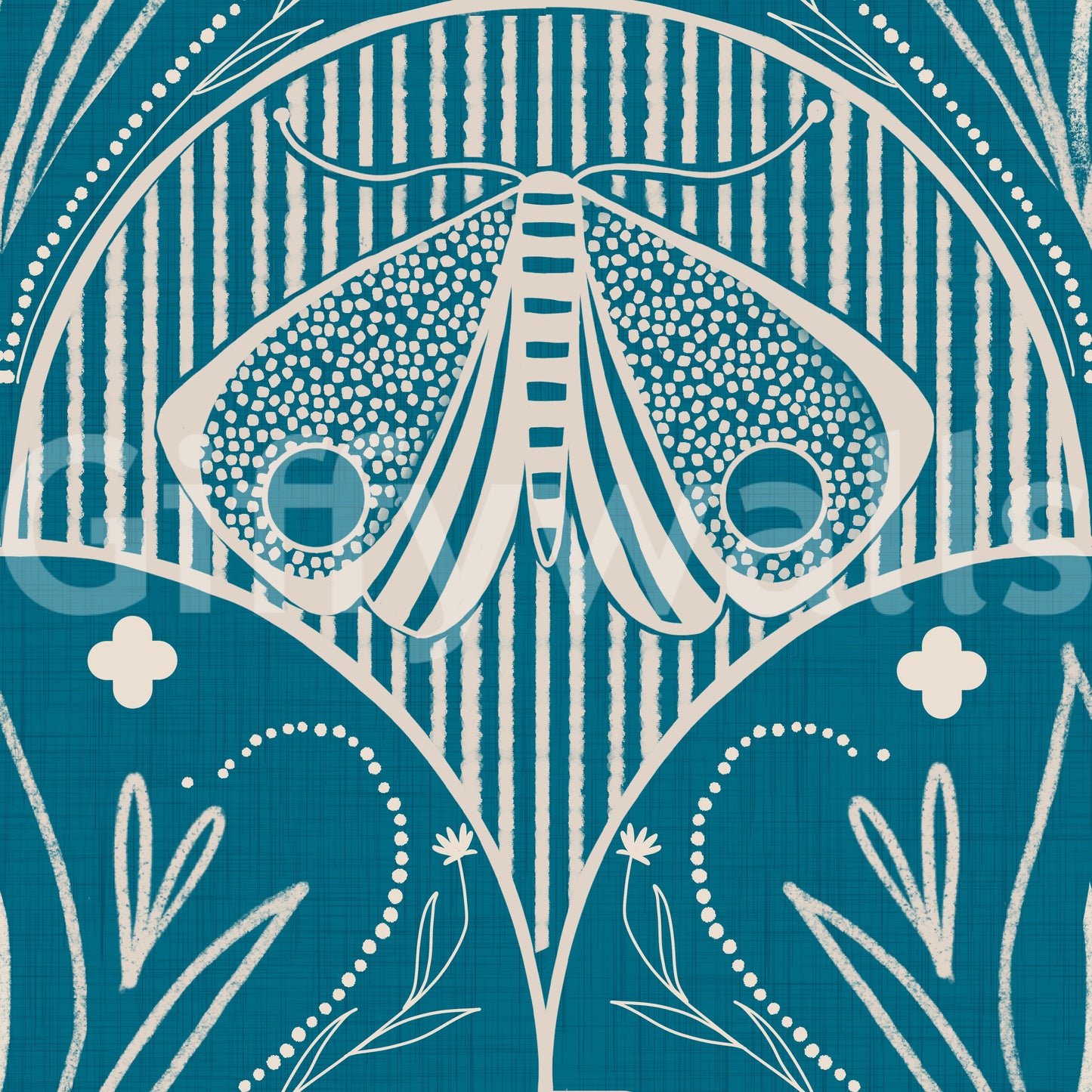 Cream insect wings Scallop Butterfly Floral teal background wallpaper.
