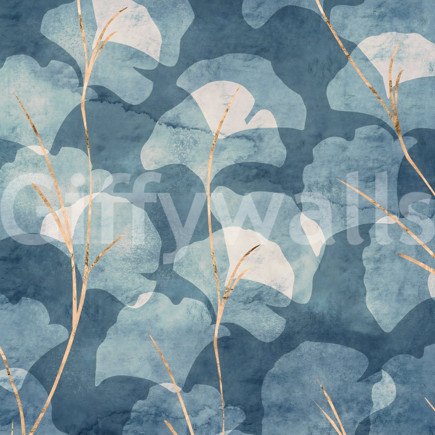 Artistic cyanotype-style ginkgo wall mural for calm interiors
