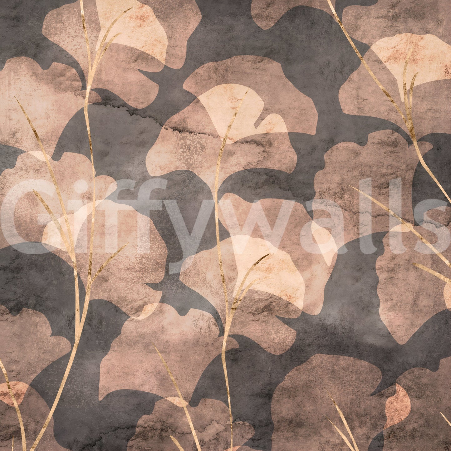 Soft sepia ginkgo foliage mural for calm, cozy interiors