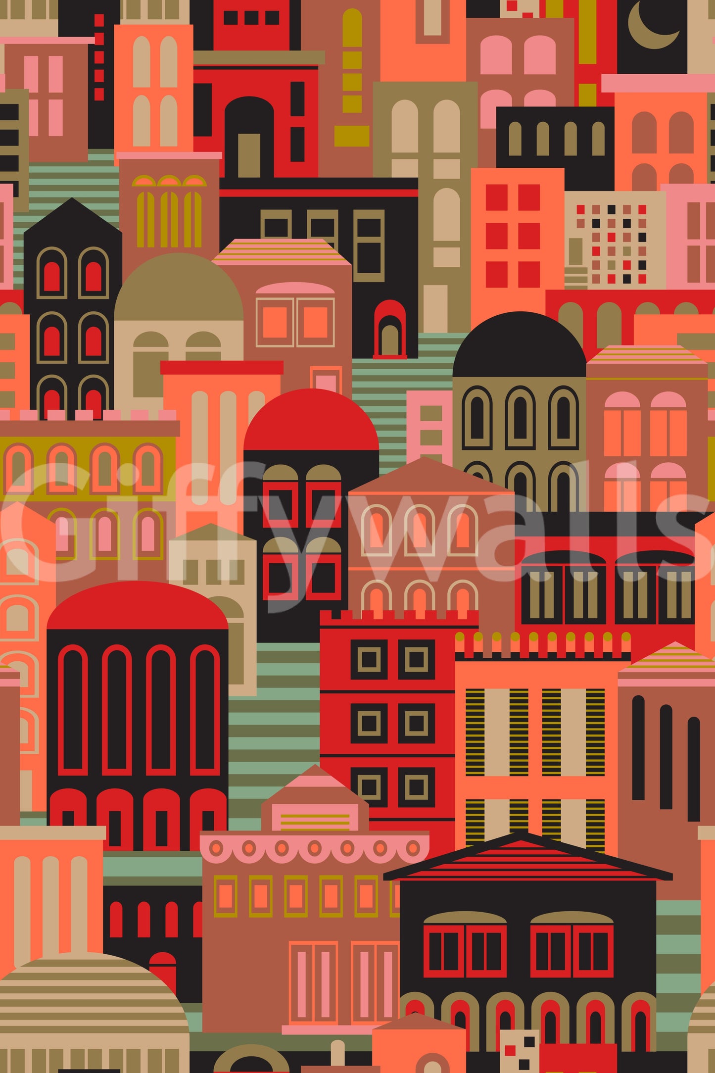 City Lights At Night Vintage Travel Bright Geometric Buildings Moon Vintage 1950s Colours Wallpaper⁠