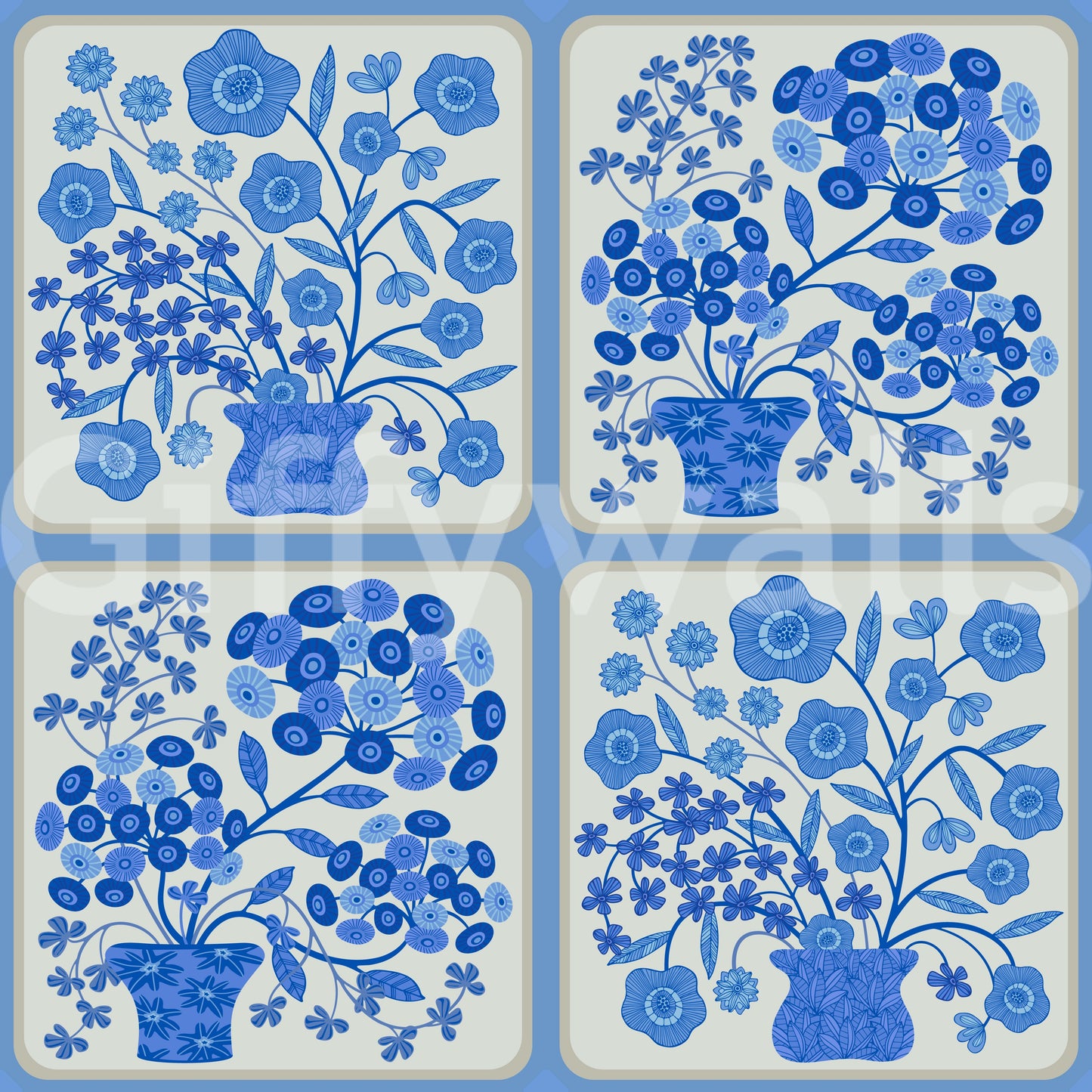 Flower Bouquet Tiles Floral Light Delft Blue and White Wallpaper⁠