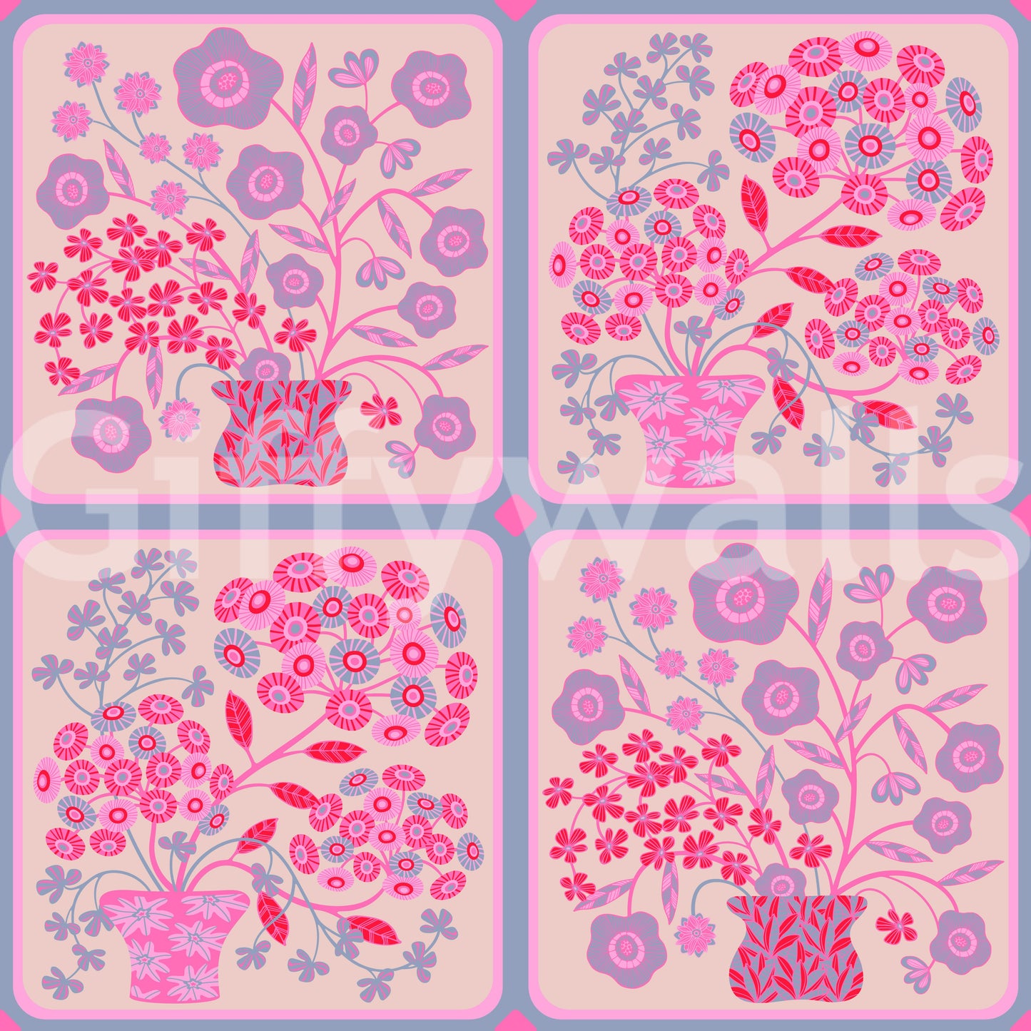 Flower Bouquet Tiles Floral Pretty Pink Red Fuchsia Lavender Purple Wallpaper⁠