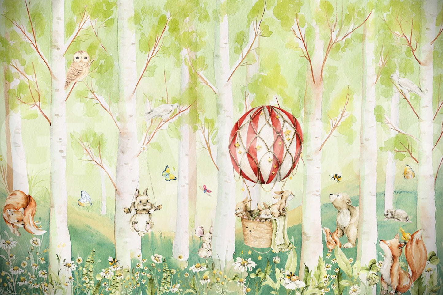 Woodland Whimsical Animals Balloon Ride Wall Mural