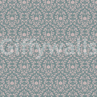 Decorative teal wall mural with a symmetrical pink damask motif