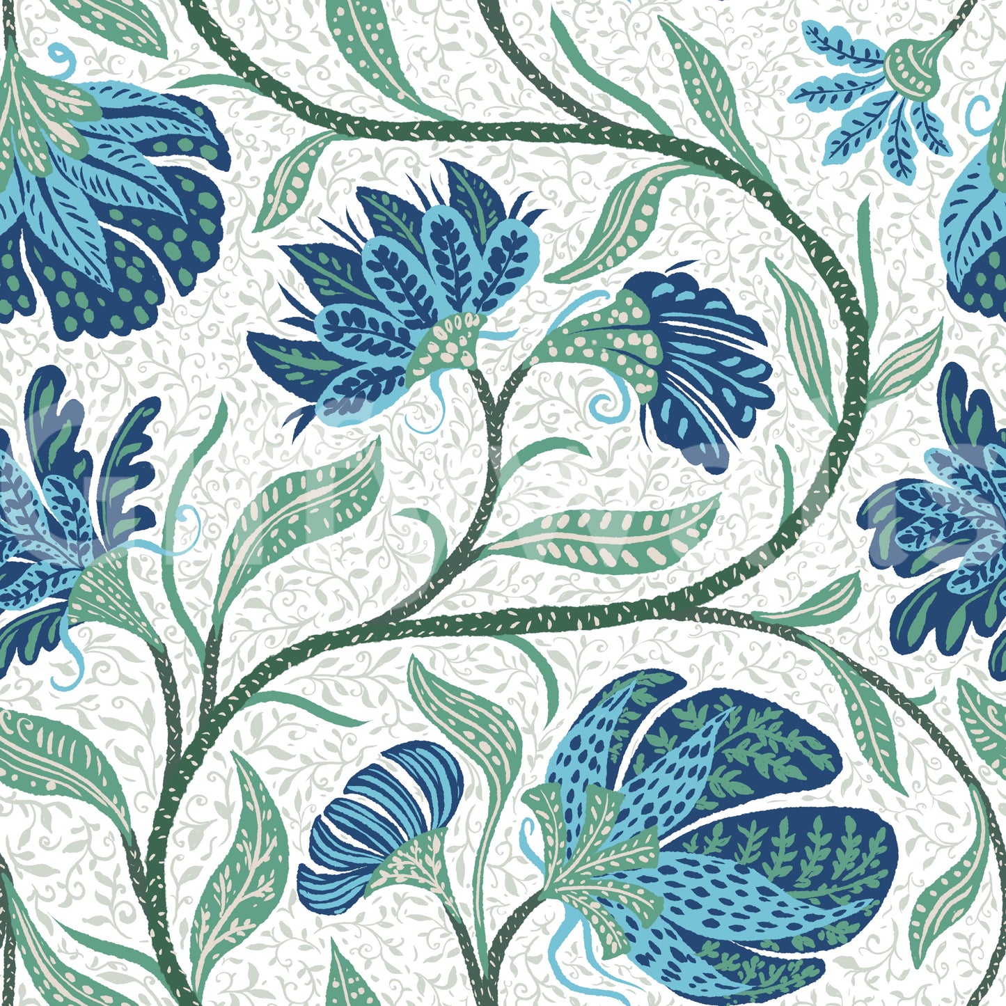 Trailing Indina Floral - Blue and White Wallpaper⁠