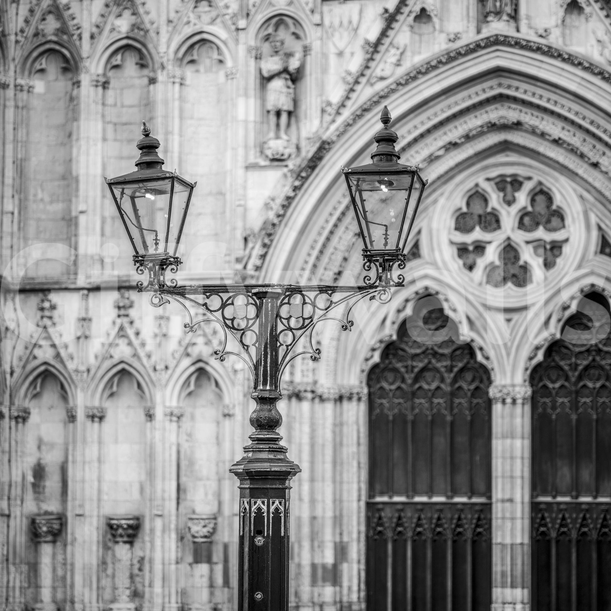 Gothic Light Wall Mural with ornate street lamp before a grand Gothic stone facade, GD8889