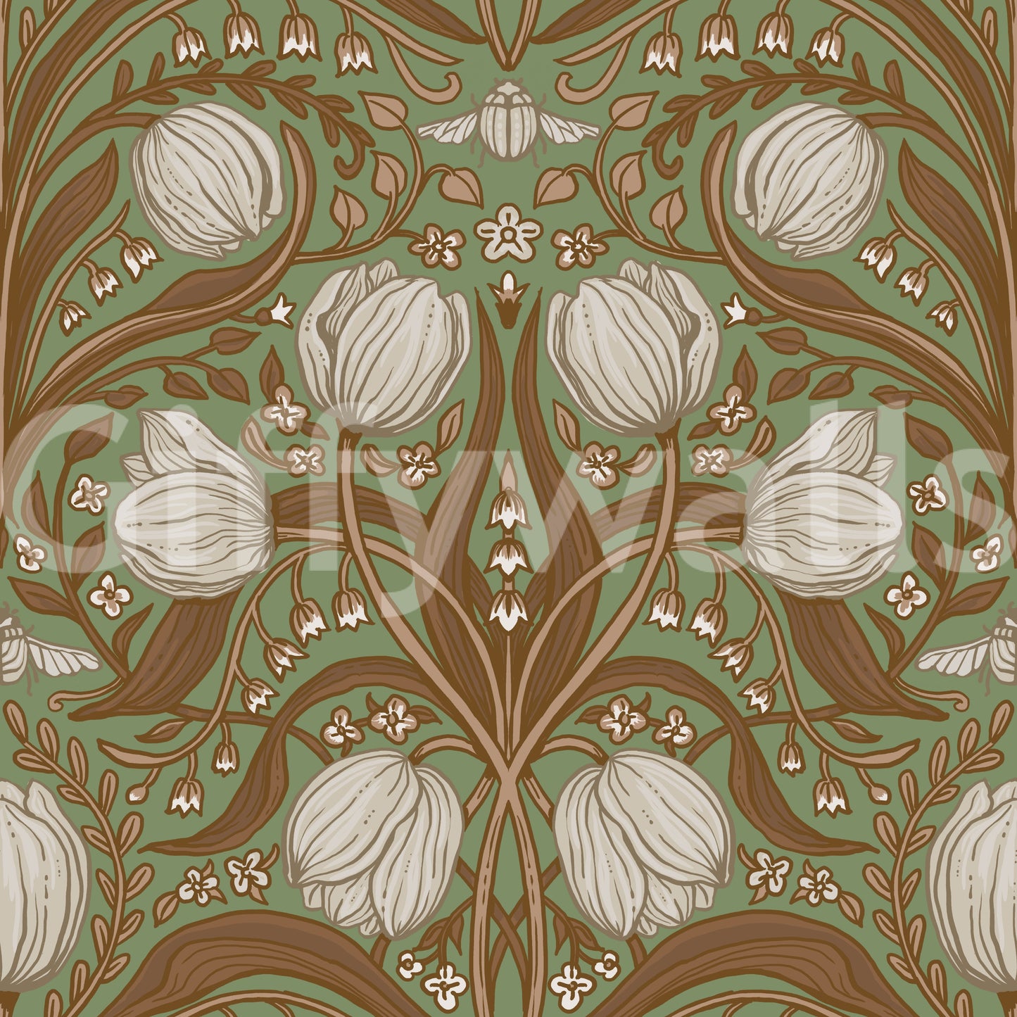 Retro Nouveau Tulips in sage and brown Wallpaper⁠