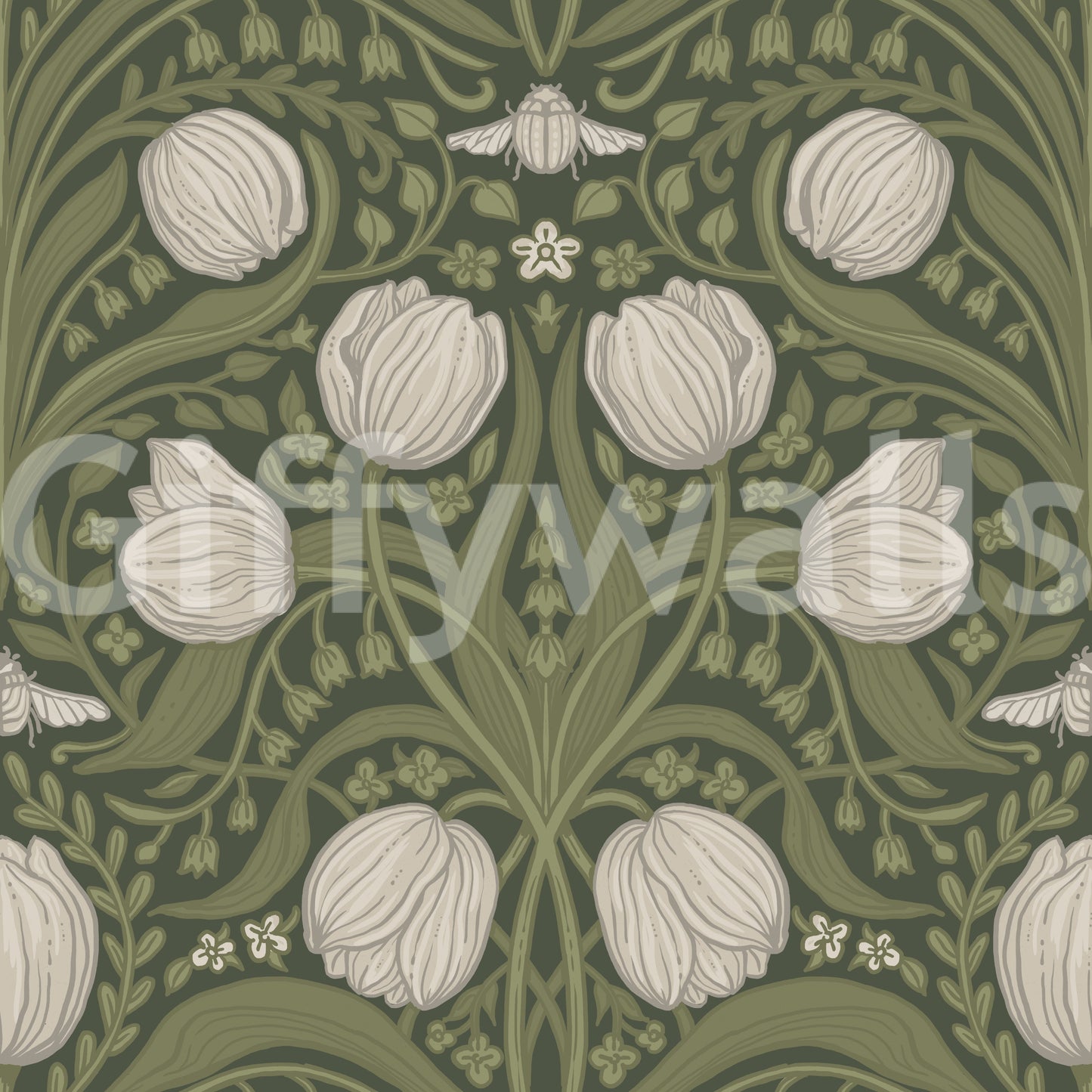Retro Nouveau Tulips in orange and teal Wallpaper⁠