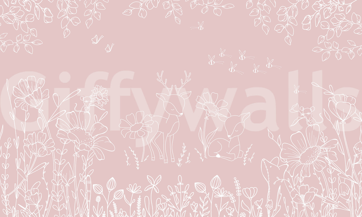 Deer Doodles Pink Wall Mural