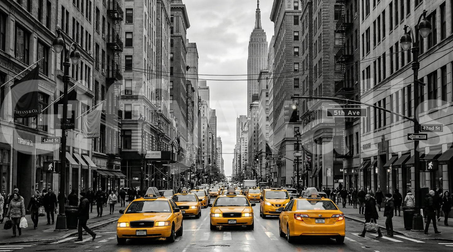 Manhattan Golden Rush wall mural with traffic scene and skyline view