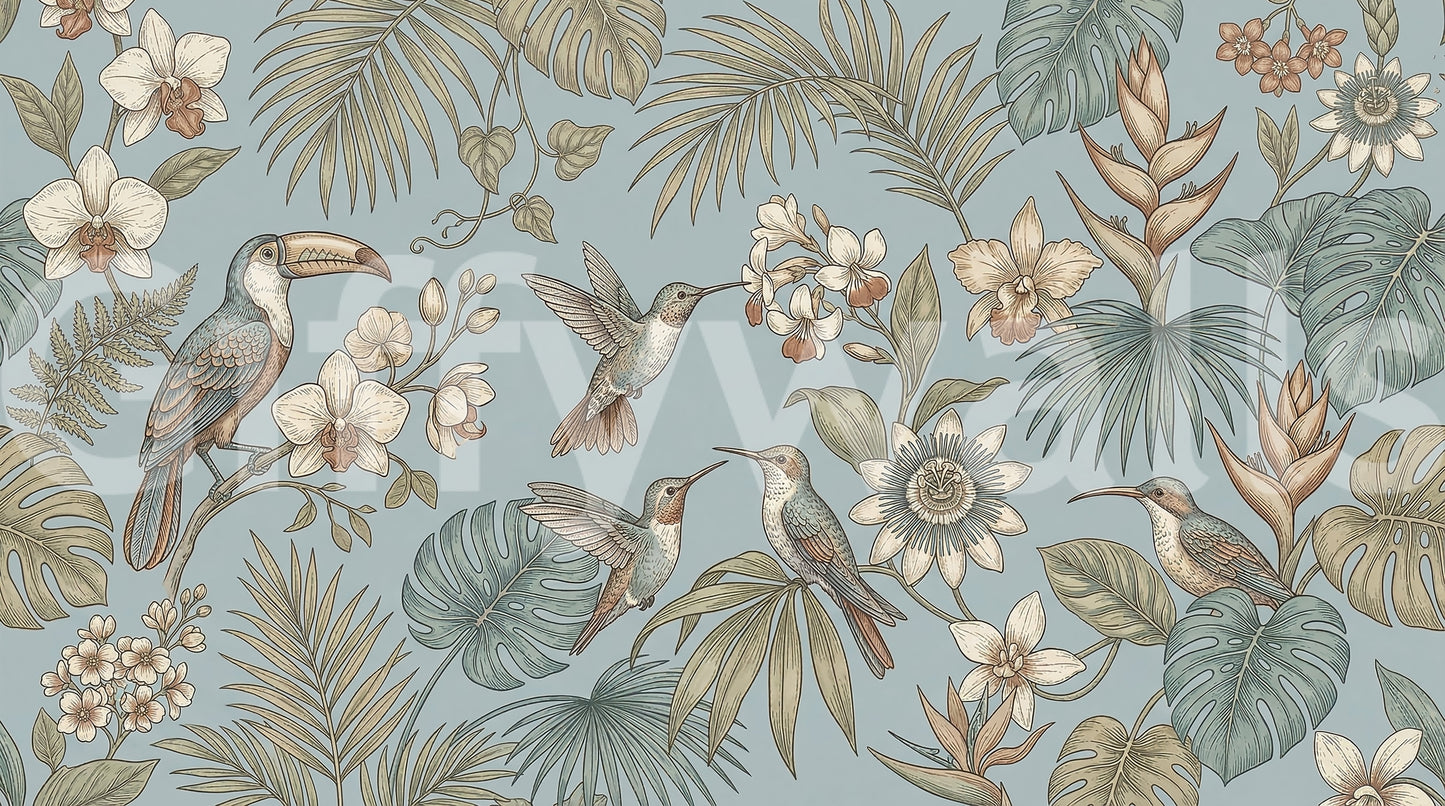 Layered bird and leaf forms appear in Tropical Birds Serenity Wall Mural