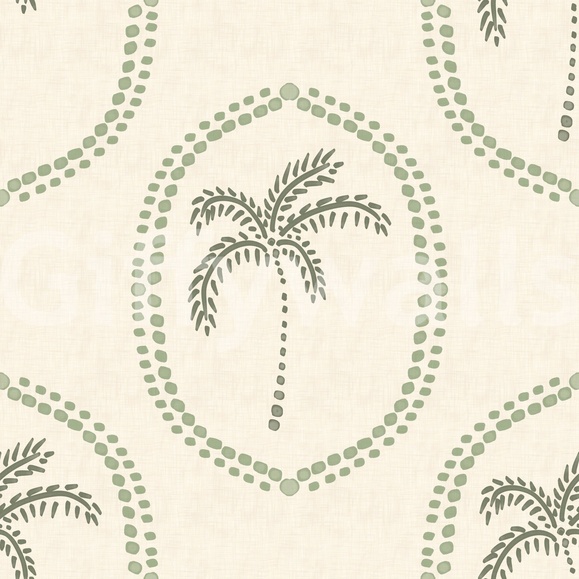 Single-ring sage outlines keep Beachy Boho Palm Oasis Coastal Green Medallion wallpaper open and breathable., GD9631