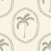 Single-ring sage outlines keep Beachy Boho Palm Oasis Coastal Green Medallion wallpaper open and breathable., GD9631