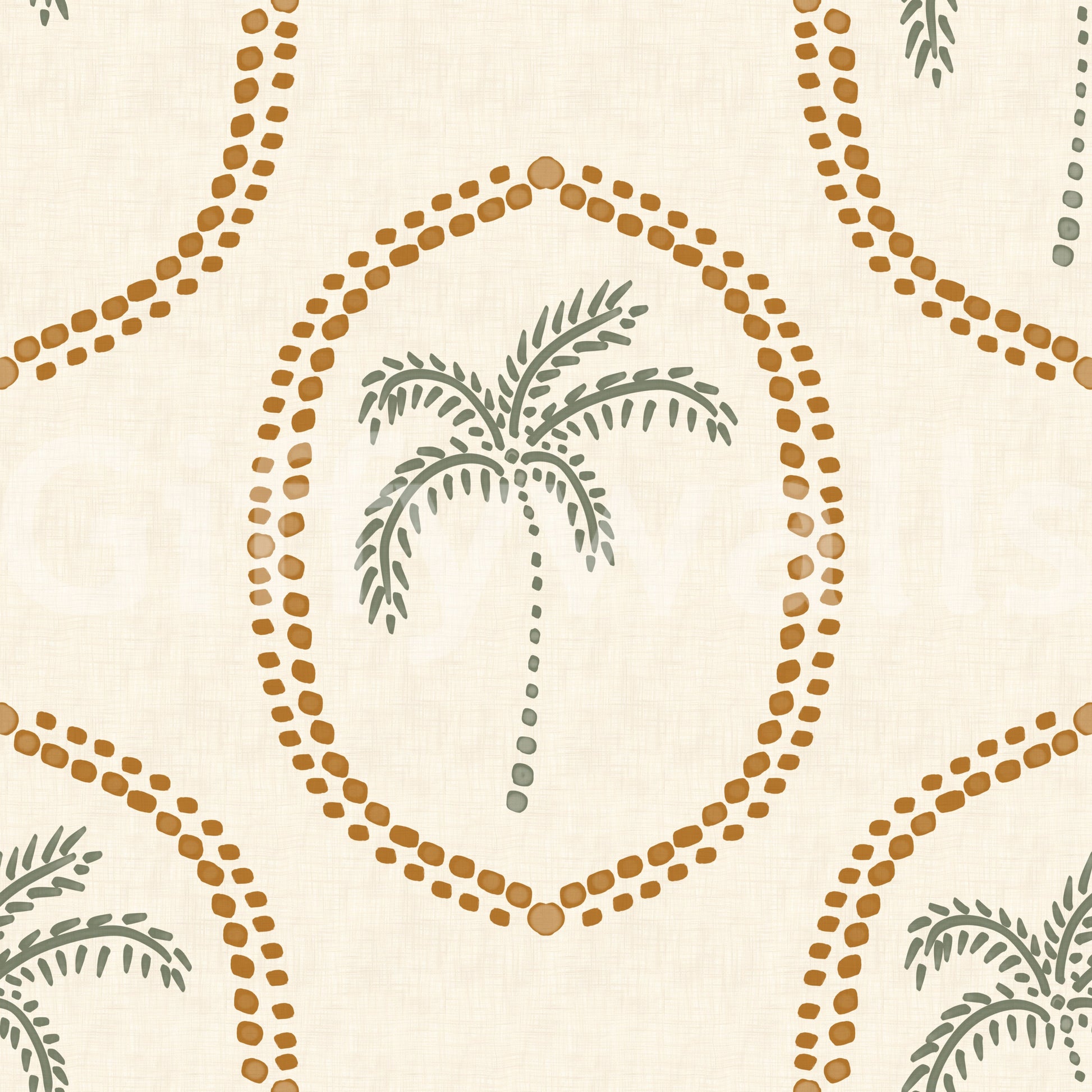 Single-ring outlines keep Beachy Boho Palm Oasis Golden Medallion wallpaper light and breathable.