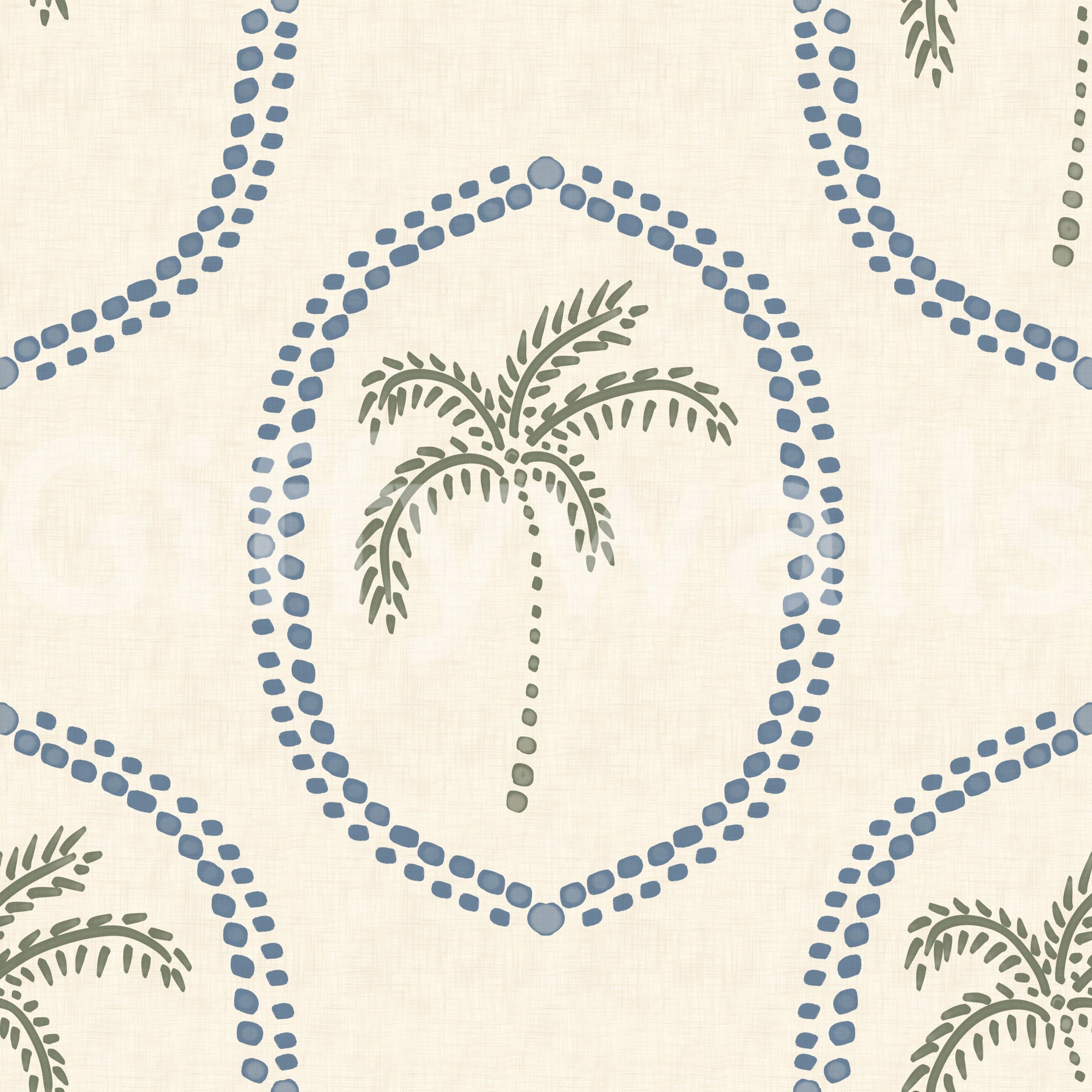 Single-ring outlines keep Beachy Boho Palm Slate Blue Medallion wallpaper light and uncrowded.