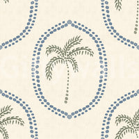 Single-ring outlines keep Beachy Boho Palm Slate Blue Medallion wallpaper light and uncrowded.