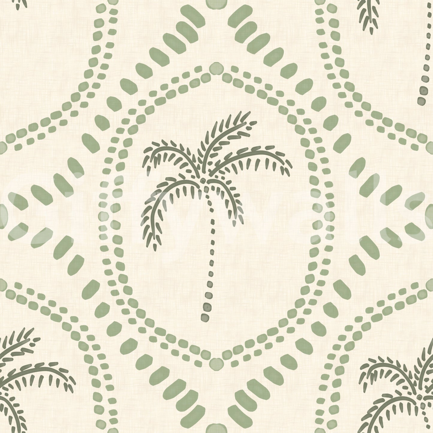 Hand-stamped block-print rhythm flows through Beachy Boho Palm Oasis Coastal Green wallpaper.