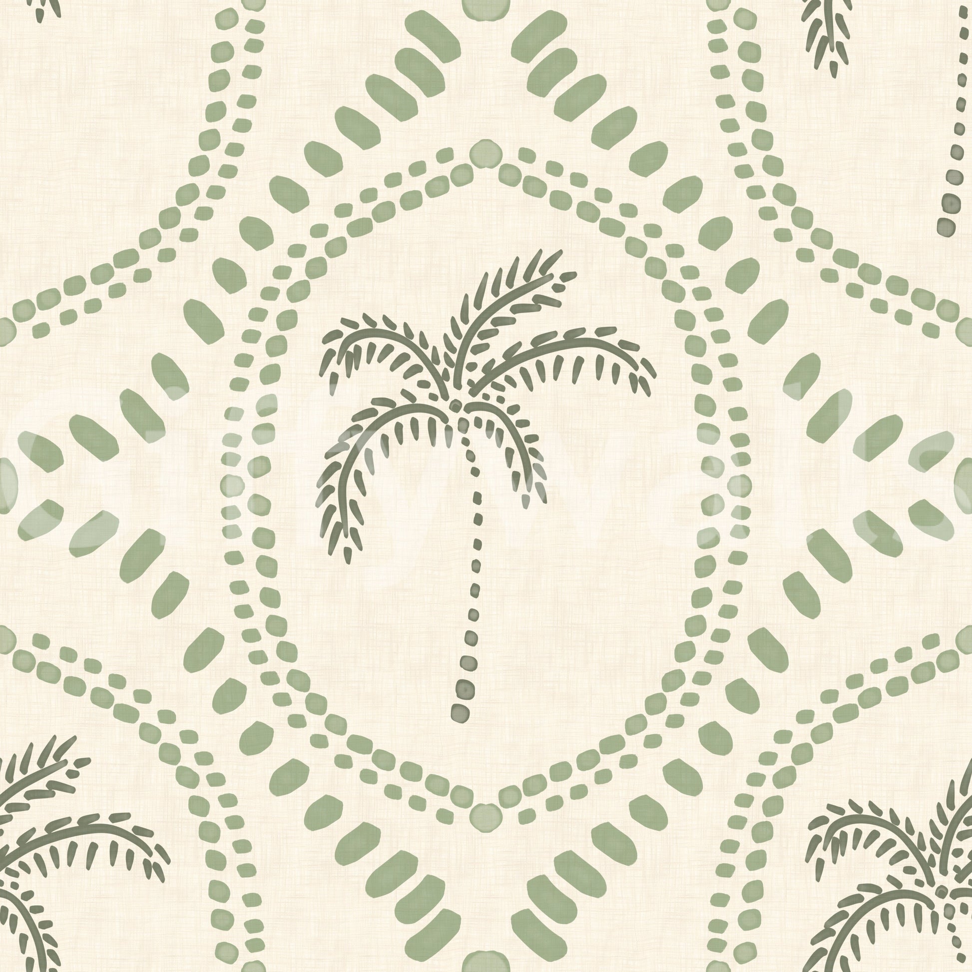 Hand-stamped block-print rhythm flows through Beachy Boho Palm Oasis Coastal Green wallpaper.