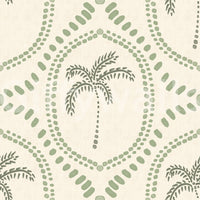 Hand-stamped block-print rhythm flows through Beachy Boho Palm Oasis Coastal Green wallpaper.