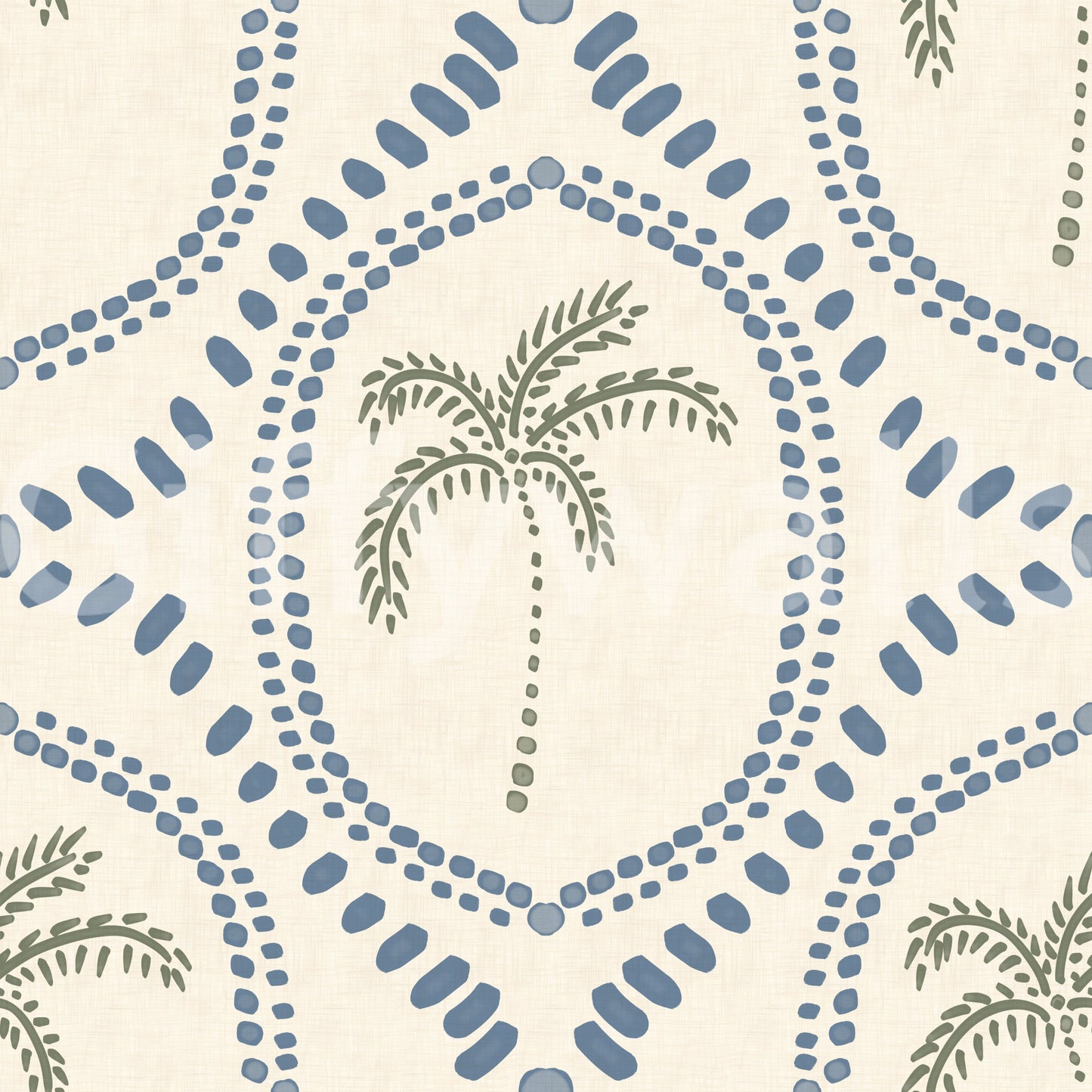 Hand-stamped block-print rhythm carries Beachy Boho Palm Oasis Slate Blue wallpaper.