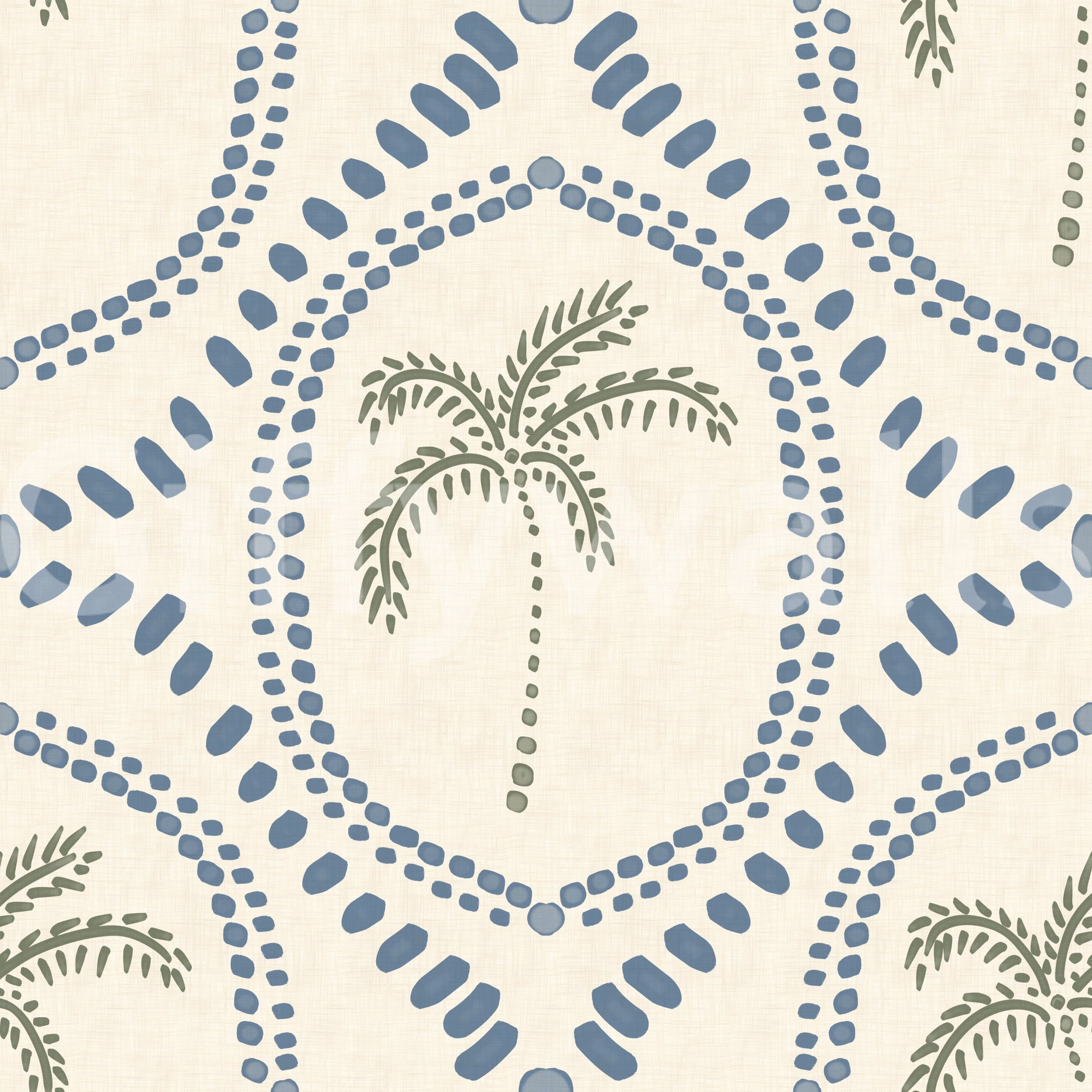 Hand-stamped block-print rhythm carries Beachy Boho Palm Oasis Slate Blue wallpaper.