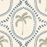 Hand-stamped block-print rhythm carries Beachy Boho Palm Oasis Slate Blue wallpaper.