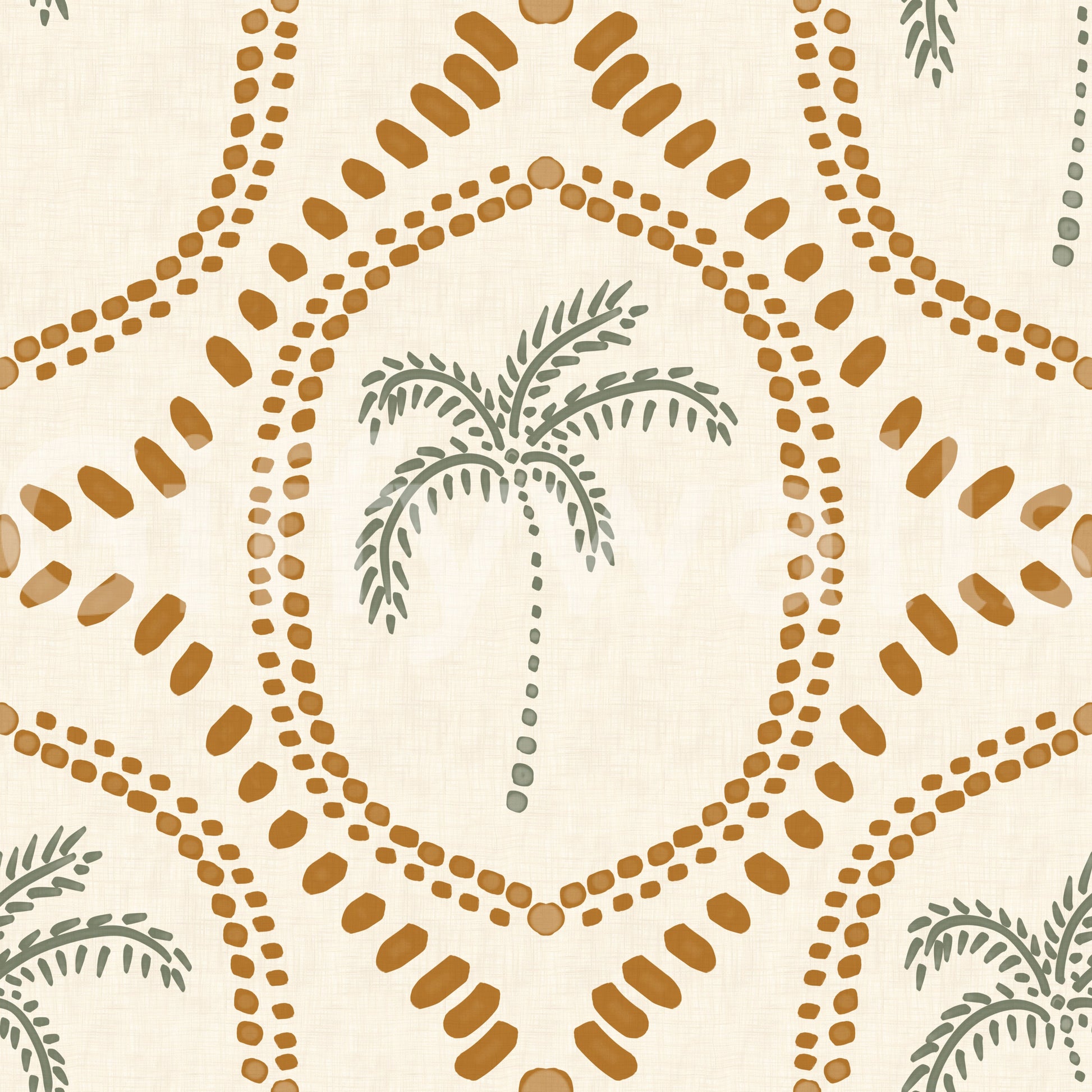 Hand-stamped bead lines repeat in oval rhythm on Beachy Boho Palm Oasis Golden wallpaper.