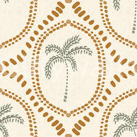 Hand-stamped bead lines repeat in oval rhythm on Beachy Boho Palm Oasis Golden wallpaper.