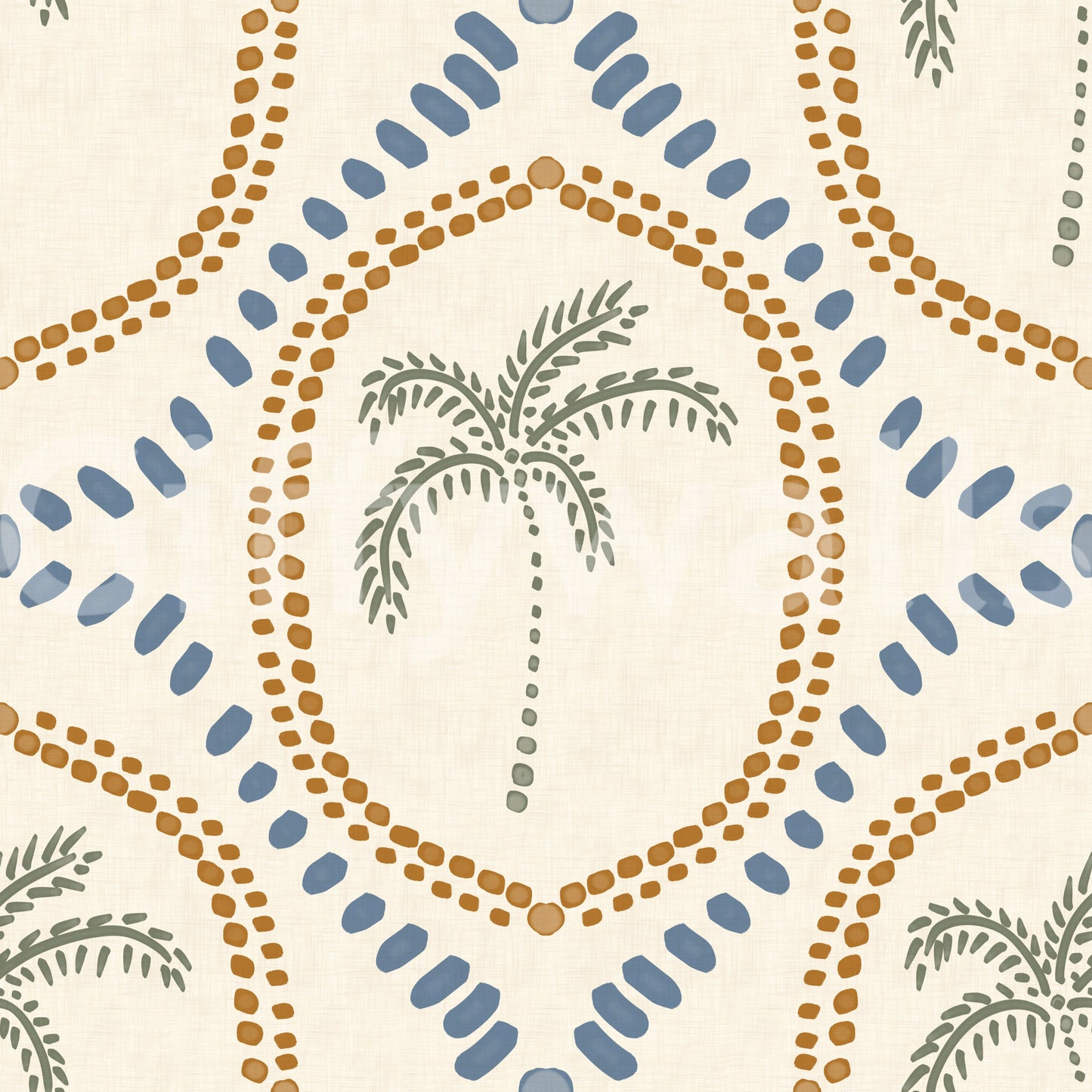 Blue petal shapes ring the outer edge of each oval on Beachy Boho Palm Oasis wallpaper.