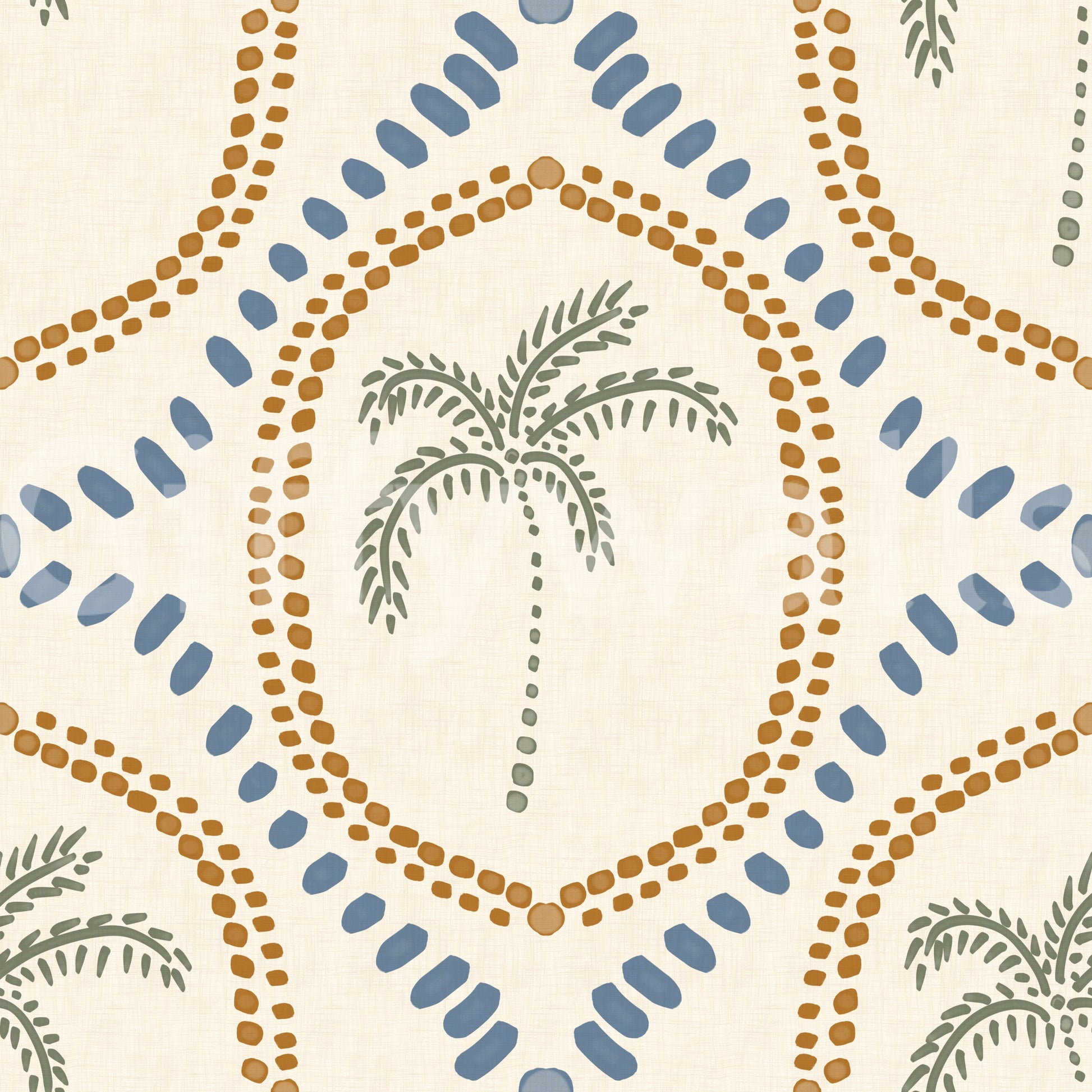 Blue petal shapes ring the outer edge of each oval on Beachy Boho Palm Oasis wallpaper.