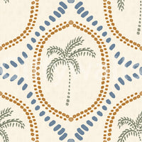 Blue petal shapes ring the outer edge of each oval on Beachy Boho Palm Oasis wallpaper.