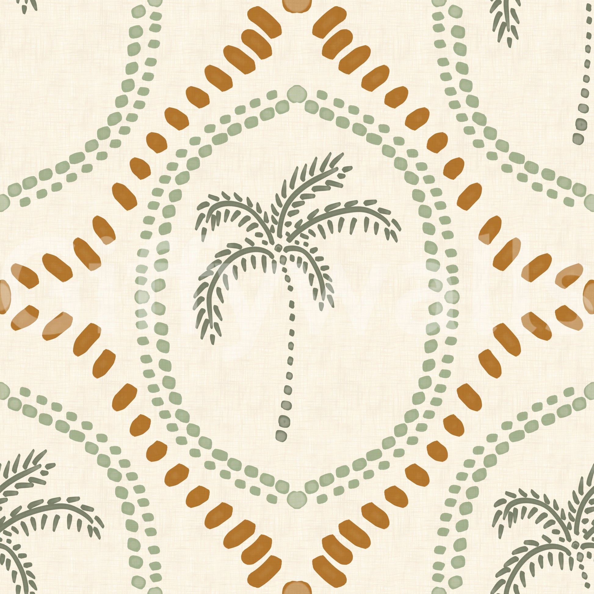 Beachy boho coastal wallpaper with sage palm fronds and golden dotted ovals overall., GD9639
