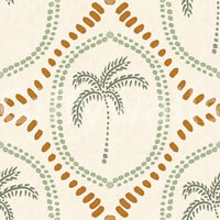 Beachy boho coastal wallpaper with sage palm fronds and golden dotted ovals overall., GD9639