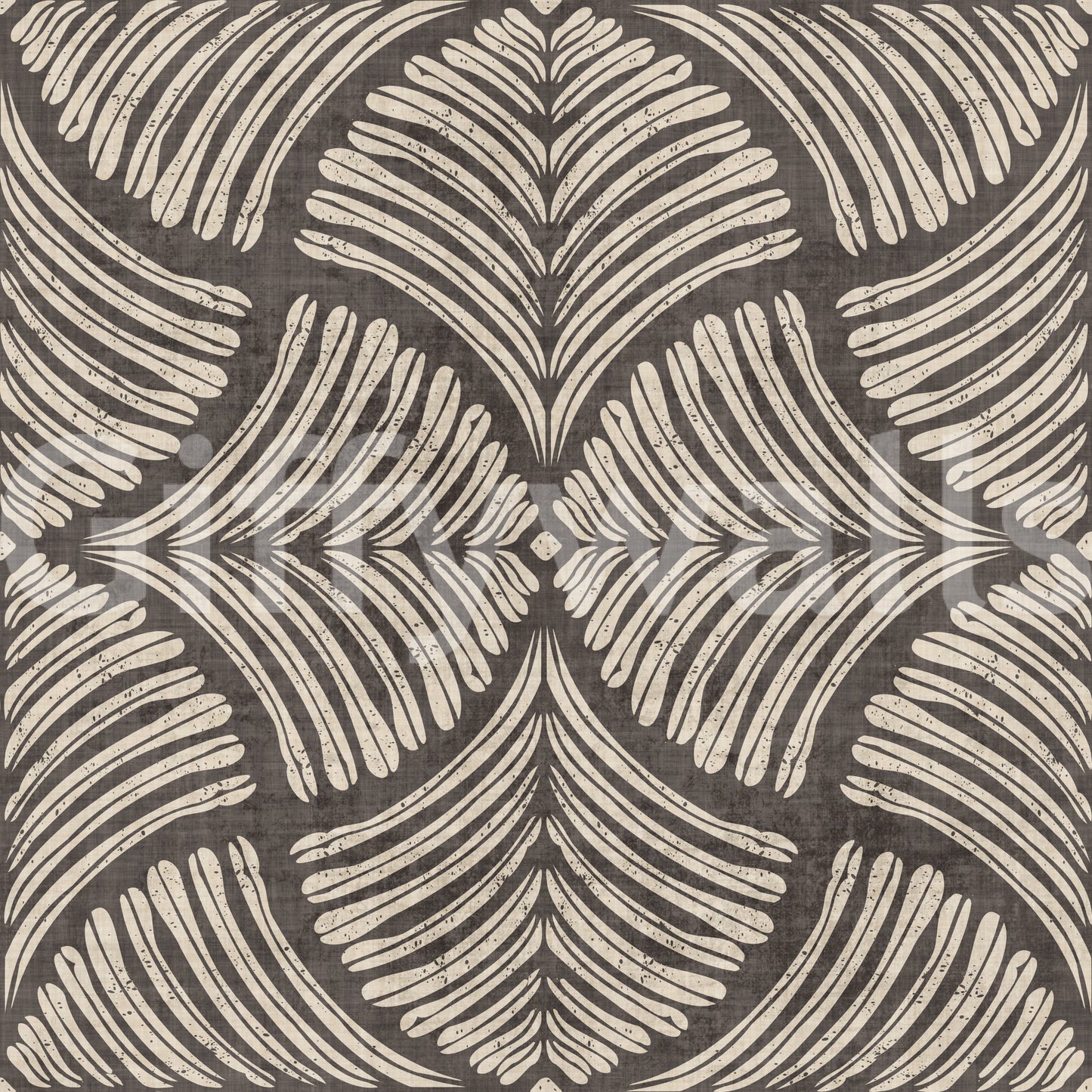 Each fan motif holds its own woodblock-style rhythm across this Japandi wallpaper.