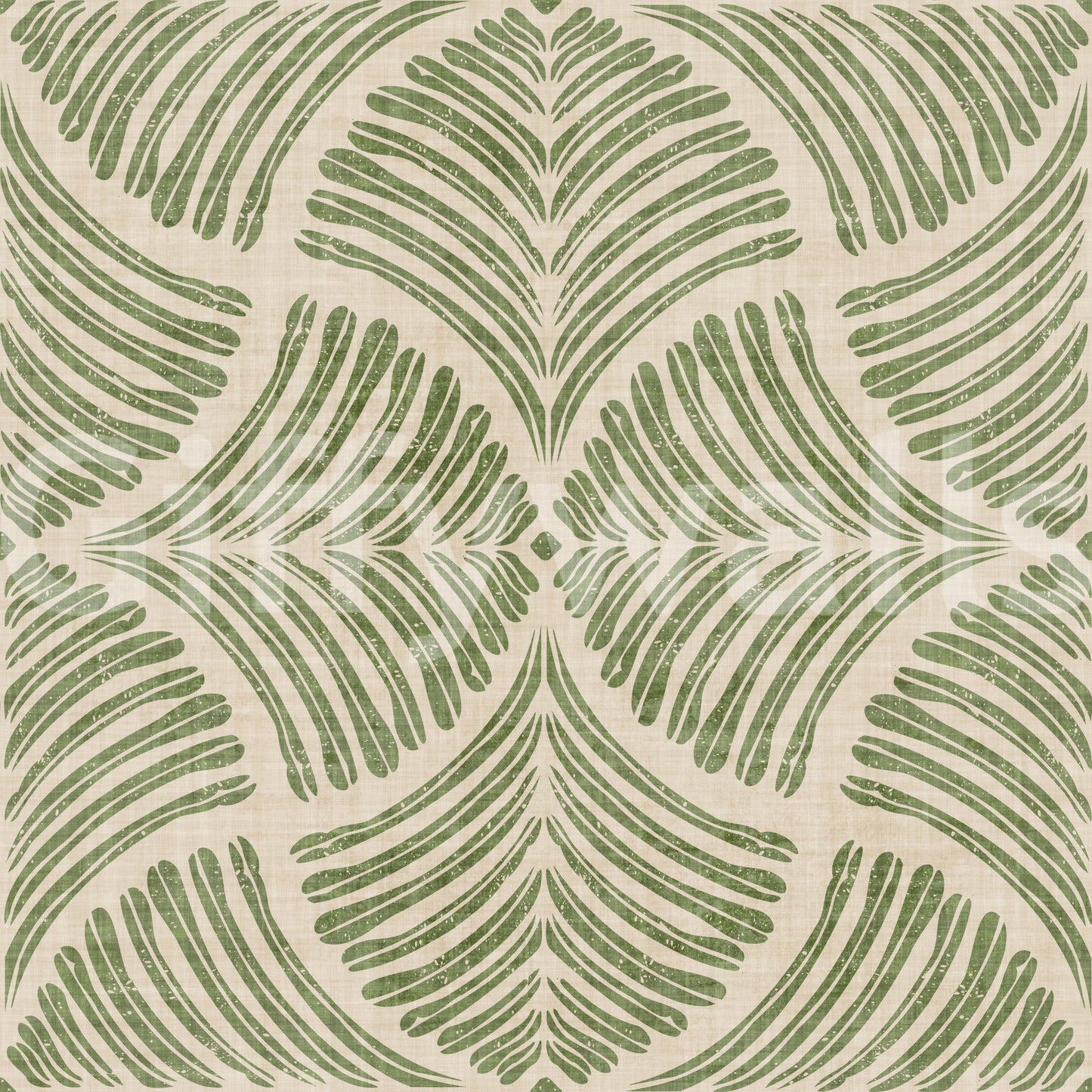 Olive-toned fern shapes branch across this muted green Japandi wallpaper sample., GD9644